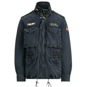 Polo Ralph Lauren Navy Blue USA Flag Military Patch Denim Jacket mockneck Sz M